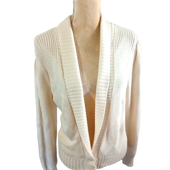 Vintage Beldoch Popper 100% Cotton Sweater S Cream Shawl Collar Cardigan - Picture 3 of 4